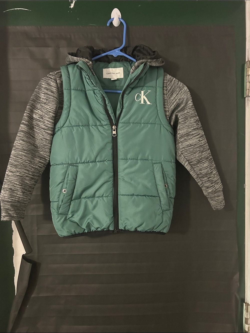 Calvin Klein Teal Puffer Vest with Gray Knit Sleeves and Hood